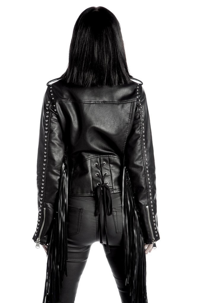 Women Leather Jacket with laces on Arms - Image 4