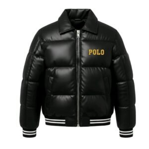 Leather Puffer Jacket with Rib on Cuff and Bottom